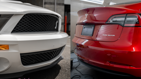 front of white ford gt500 with paint protection film and the back of a tesla model 3 with ceramic coating